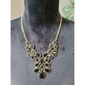 Women's Statement Necklace Black Crystal Gold Chain Elegant Bridal Jewelry